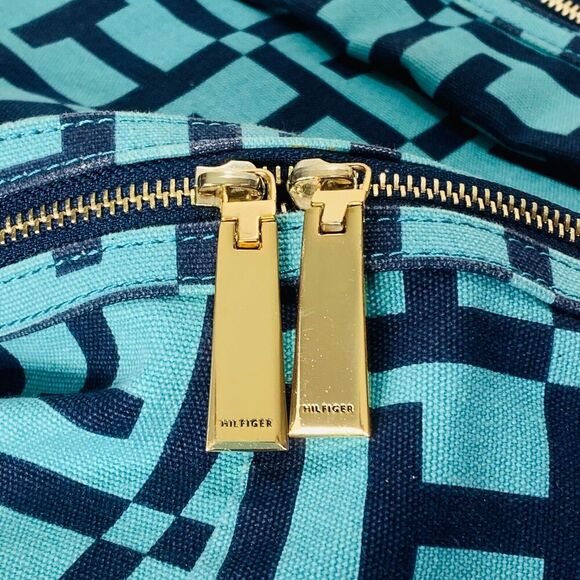 TOMMY HILFIGER Dome Backpack 17" Monogram Logo Navy Teal Canvas Preppy Bag VGUC - Picture 3 of 12